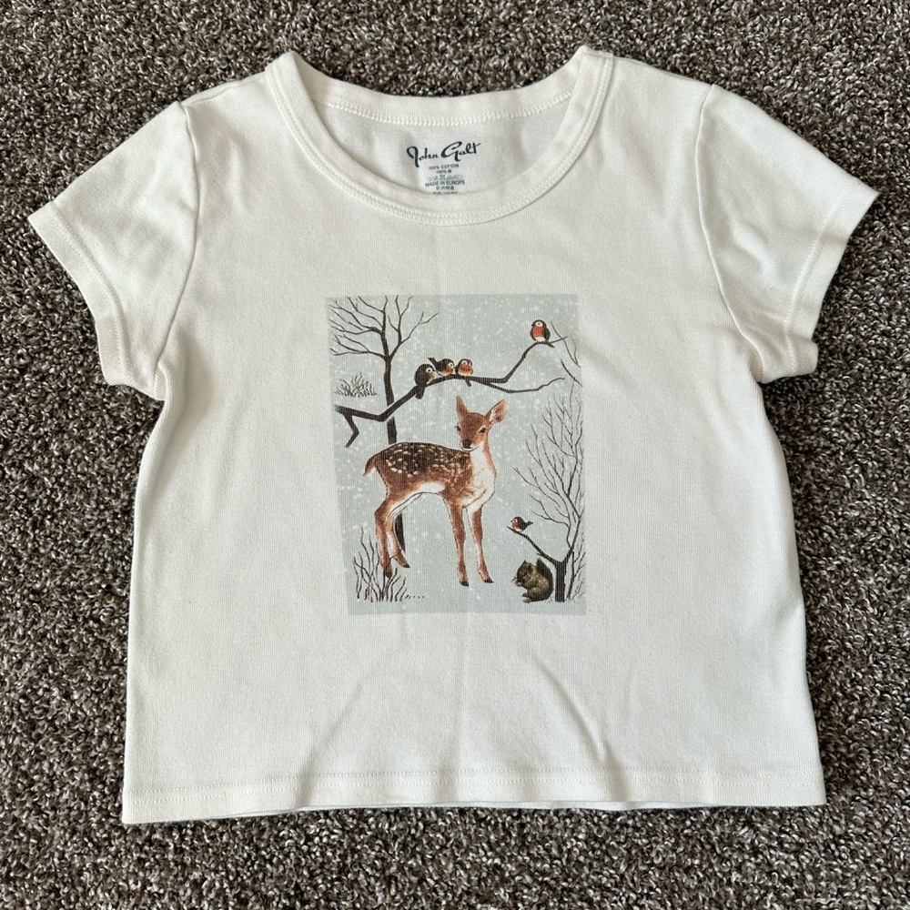Brandy Melville Cream Deer and Bird Graphic Tee